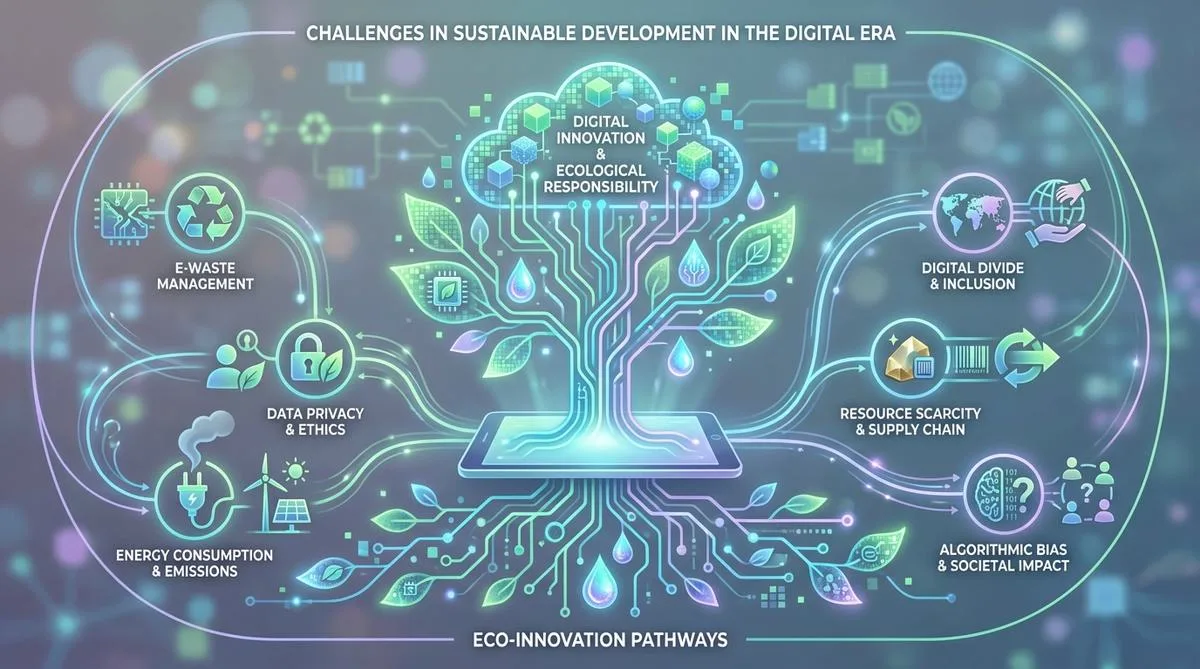A diagram illustrating the challenges of sustainability in the digital age, featuring abstract technological and natural forms symbolizing the connection between ecology and digitalization.