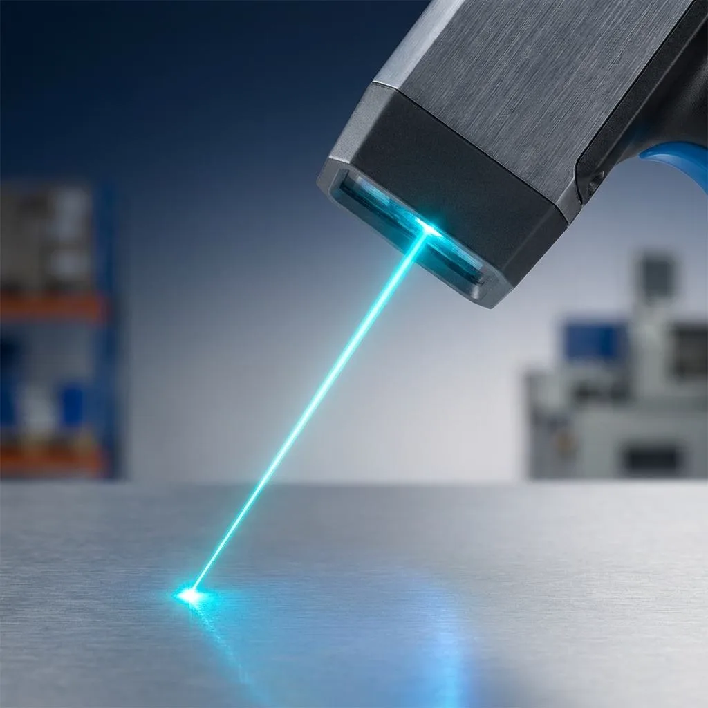 An angled close-up of a modern warehouse scanner emitting a precise beam of light onto a metallic surface.