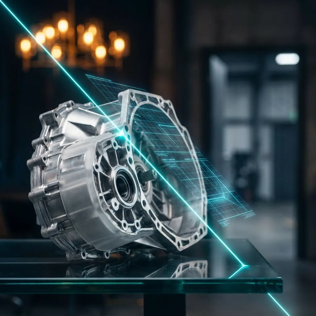 An automotive metal component on a glass table illuminated by a scanner beam, against a blurred modern office background, symbolizing traceability in manufacturing.