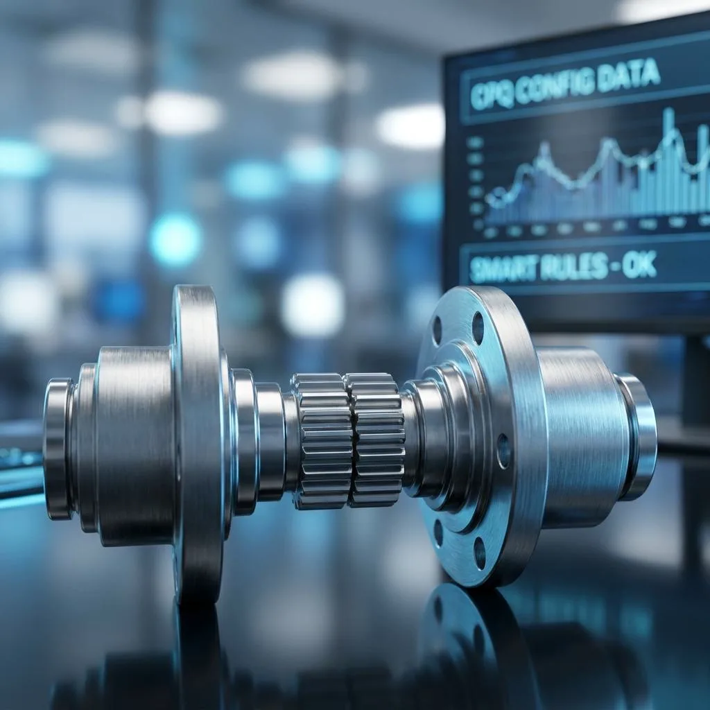 Macro close-up of two perfectly interlocking industrial metal components on a glass desk, with a blurred modern office in the background.