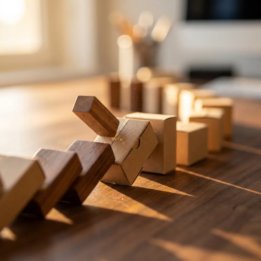 Close-up of small cardboard boxes falling in a cascade, symbolizing automated workflows and triggers in a CRM system.