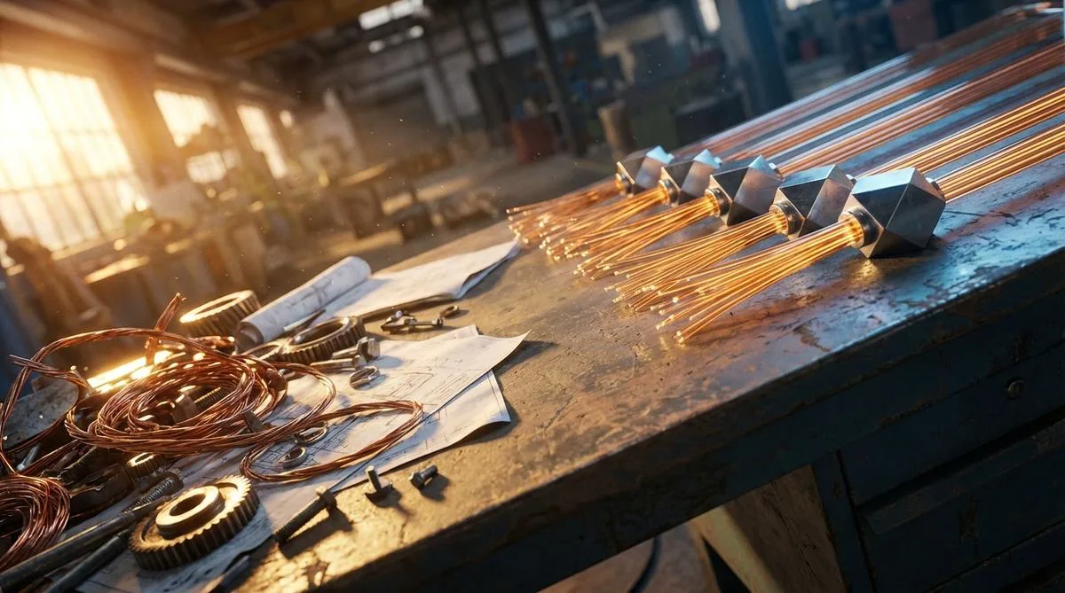 Macro photograph depicting the dynamic transformation of tangled cables and technical components into an organized, luminous structure on a workshop table in warm light.