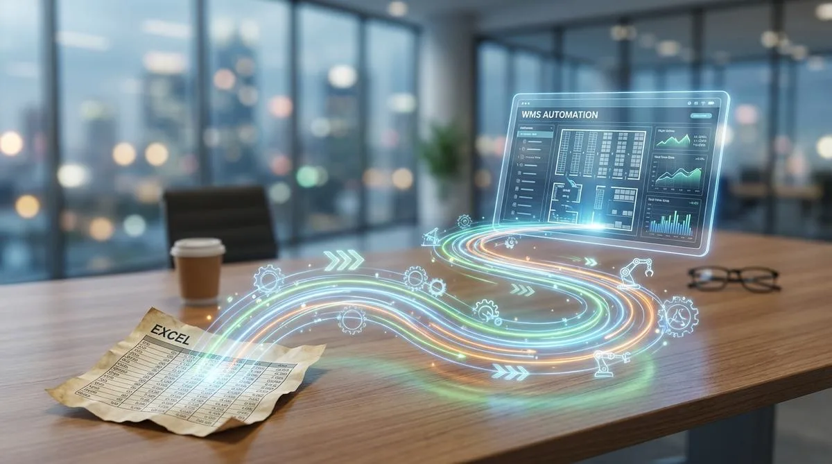 An abstract visualization showing the transformation from Excel spreadsheets to modern WMS systems, depicting a path of illuminated data in an office setting.