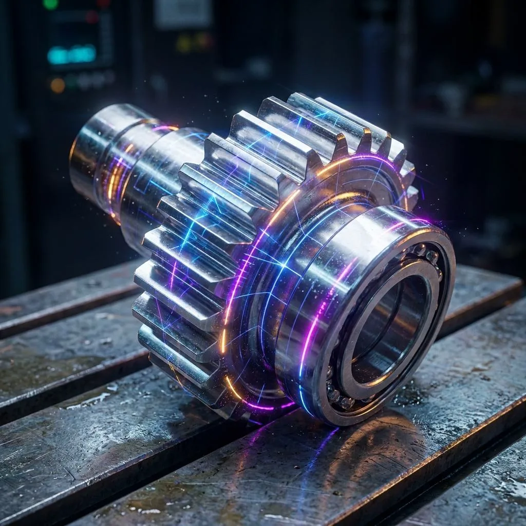 A gleaming, precision automotive component illuminated by diagonal, geometric beams of light, symbolizing the intelligent synchronization of production by AI.