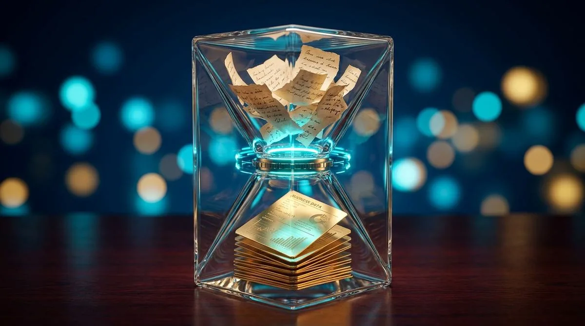A symmetrical, elegant photograph of a glass hourglass-shaped prism in which swirling scraps of notes transform into gleaming, organized golden panels against a background of blurred lights.