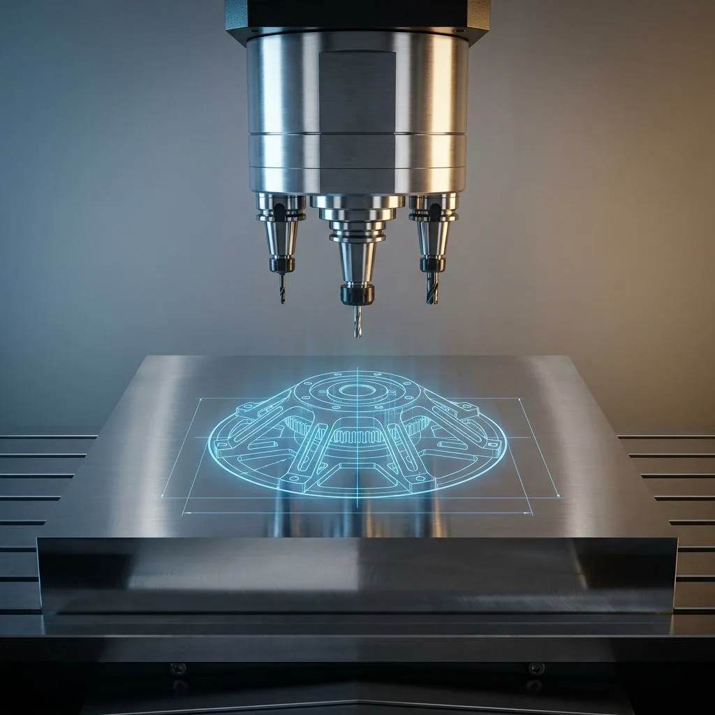A symmetrical, minimalist shot of a CNC machine head positioned above a steel plate, on which an updated digital engineering design is precisely displayed.