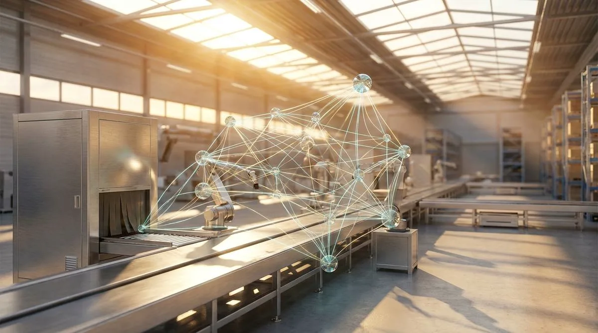 A modern production hall bathed in warm light, where steel elements merge with an innovative, luminous network of connections symbolizing artificial intelligence and business ontology.