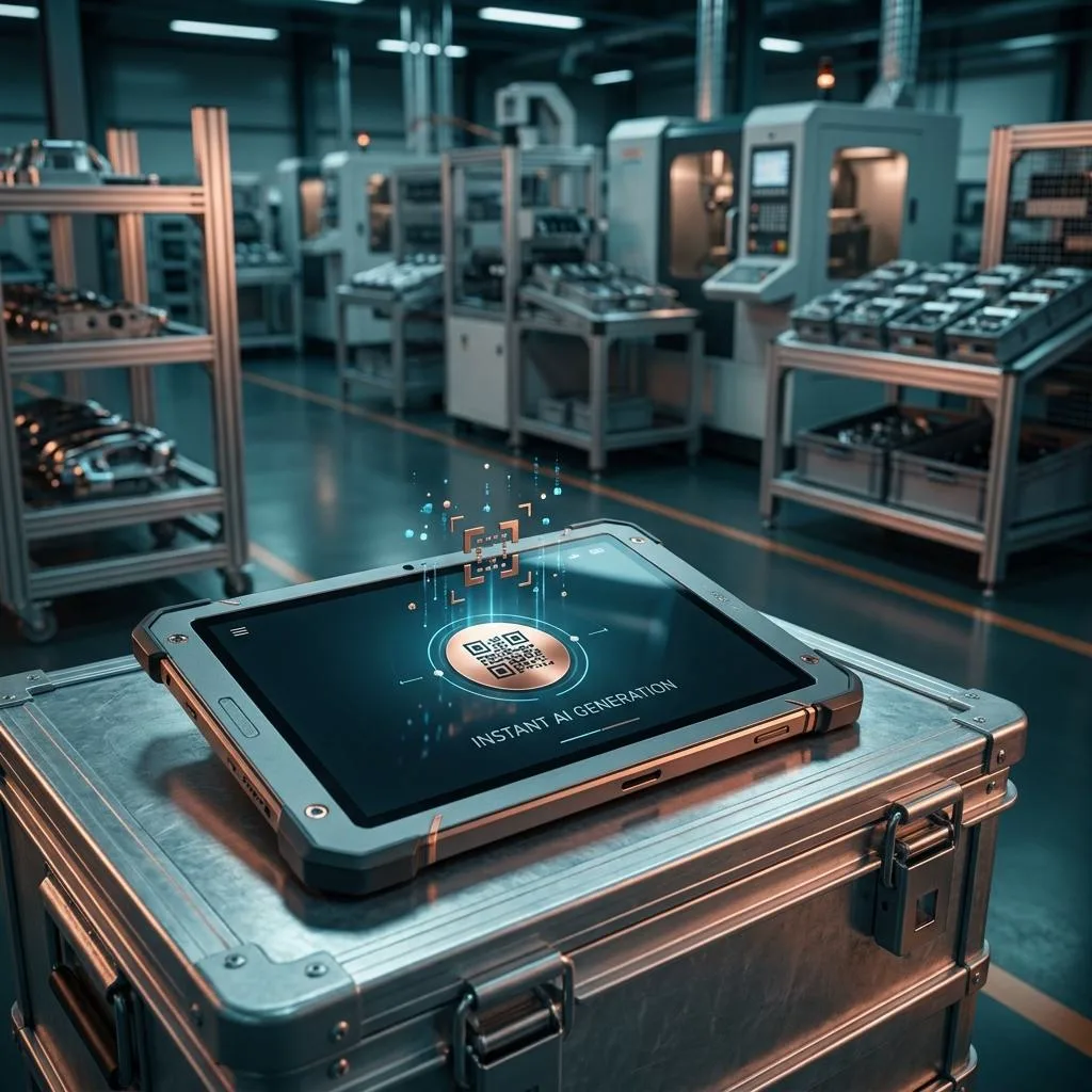 An industrial tablet resting on a metal logistics crate, displaying a minimalist AI-generated interface with a scanner button, against the backdrop of a modern automotive production hall.