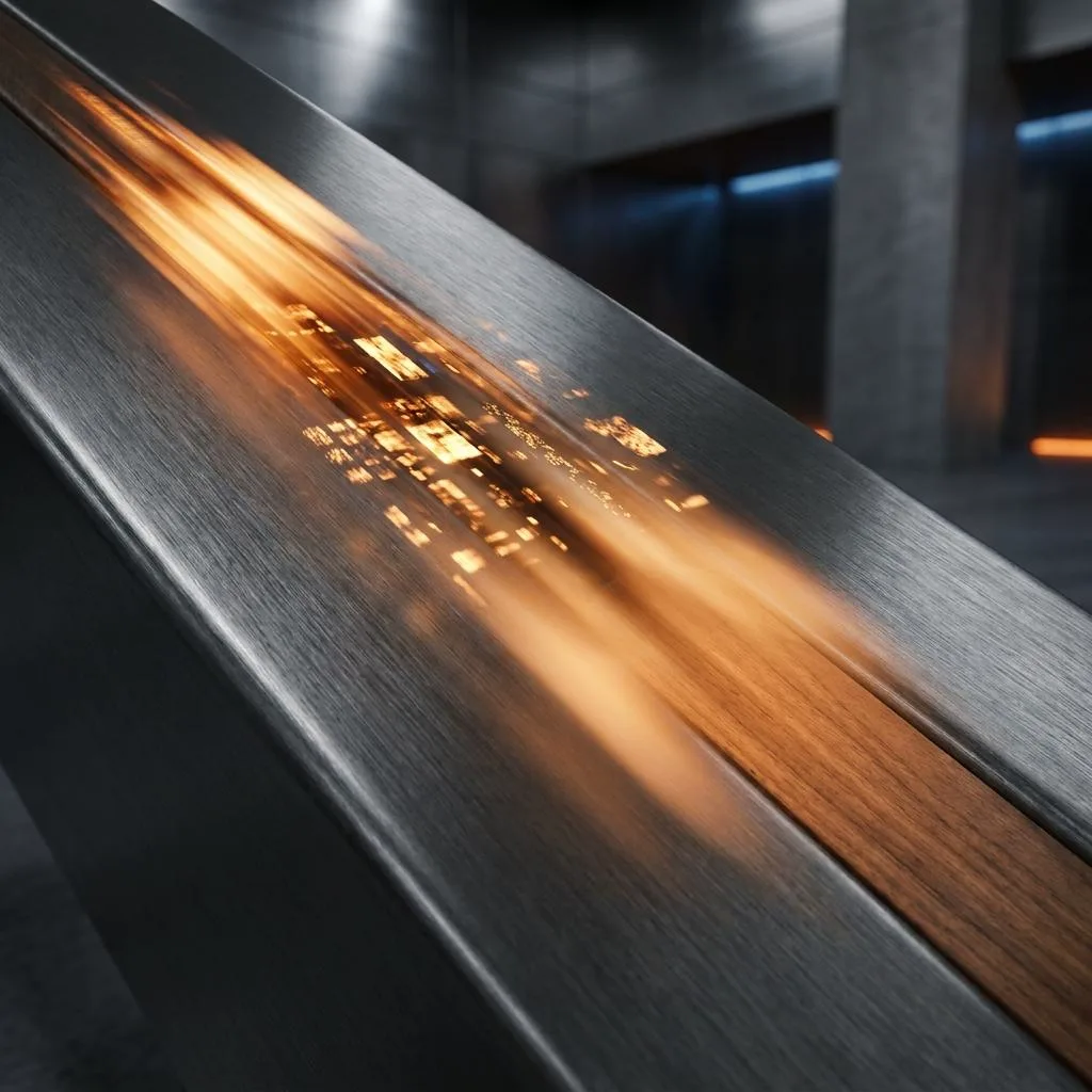 An abstract photograph depicting a monolithic titanium foundation through which a fast streak of light flows diagonally, connecting digital data with wooden elements, symbolizing an operating system without silos.