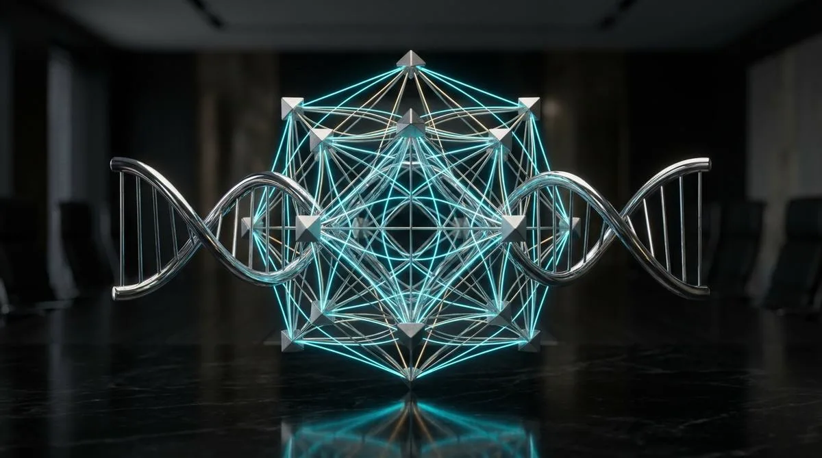 A symmetrical, abstract spatial model resembling a metallic DNA strand connected to a neural network, resting on a dark, mirror-like table.