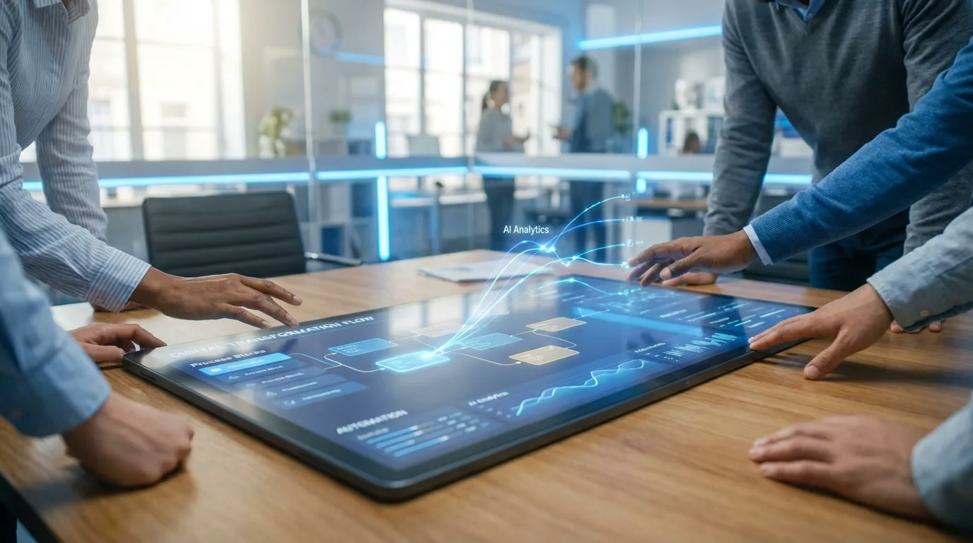 Close-up of a team's hands in a modern office working on a tablet with a low-code interface, symbolizing innovation and change management.