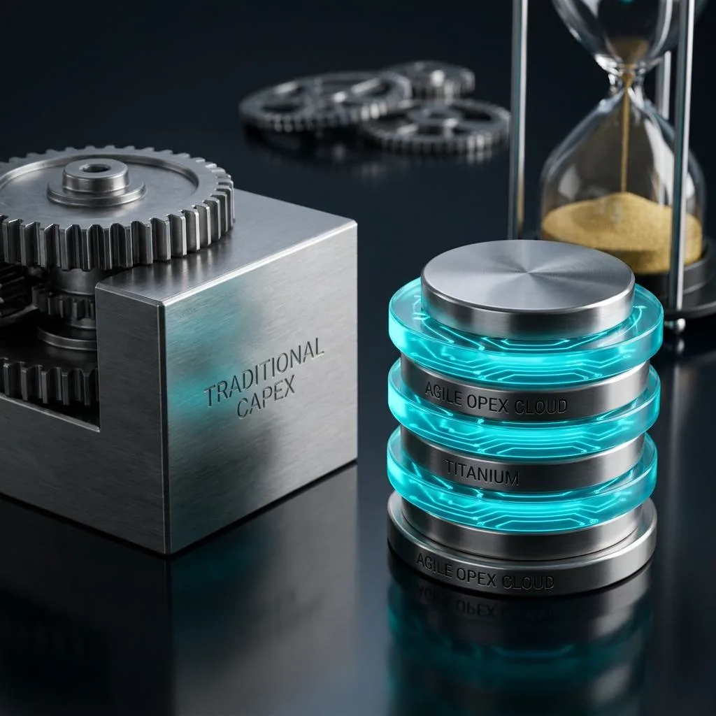 Macro photograph of a heavy steel block and lightweight titanium modules, symbolizing the differences in cost and scalability between traditional software and the cloud.