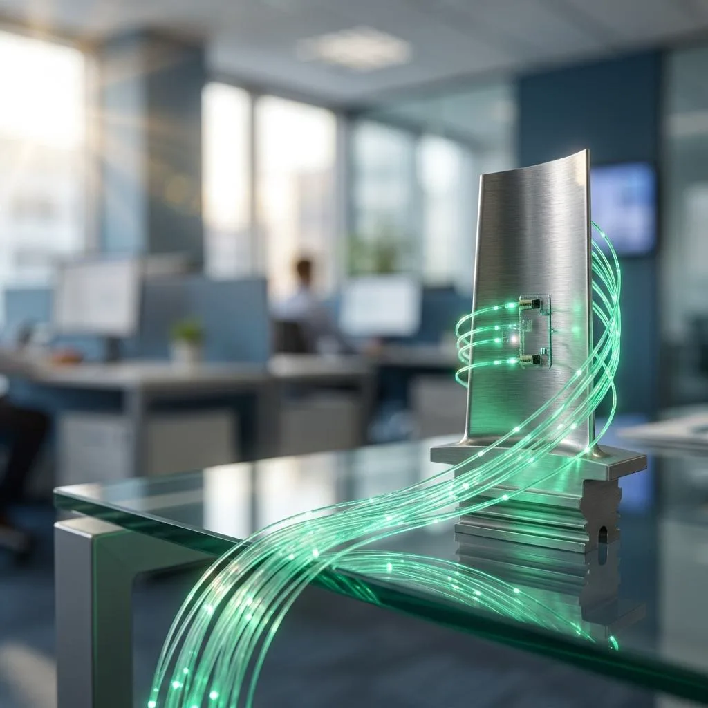 A precision metal component wrapped in green fiber optic cables resting on a glass desk in a modern office.