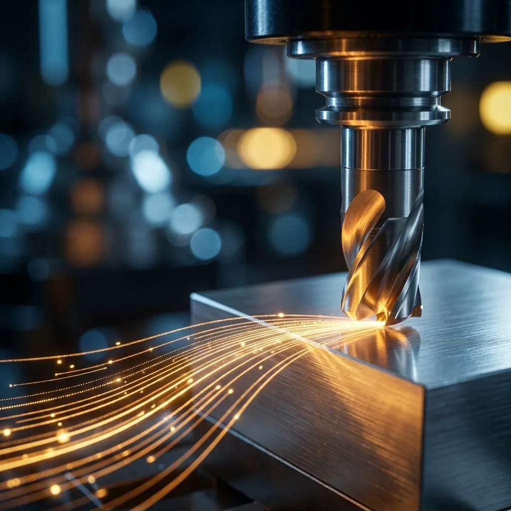 Macro photograph of a CNC milling cutter carving into an aluminum block, with ordered, golden lines of light emerging to symbolize the precision of planning algorithms.