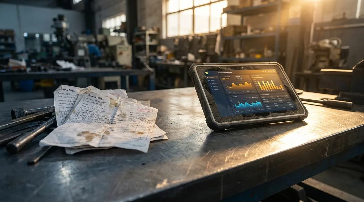 An industrial tablet displaying a glowing digital schedule, resting on a steel workbench next to a stack of worn paper traveler cards, lit by natural sunlight.
