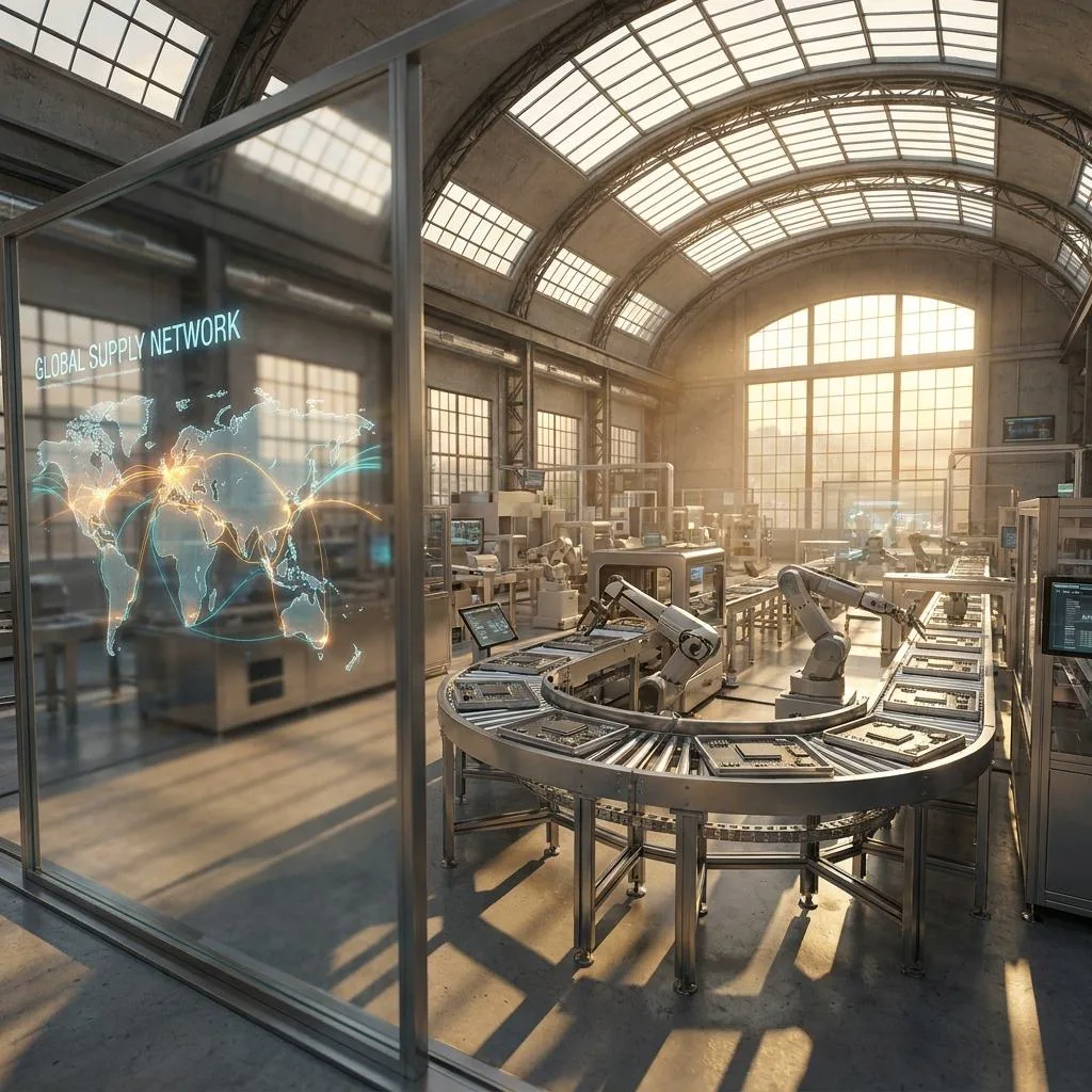 An automated production line dynamically rerouting the transport of microprocessors in the light of the setting sun, against a backdrop of a light projection of global supply routes.