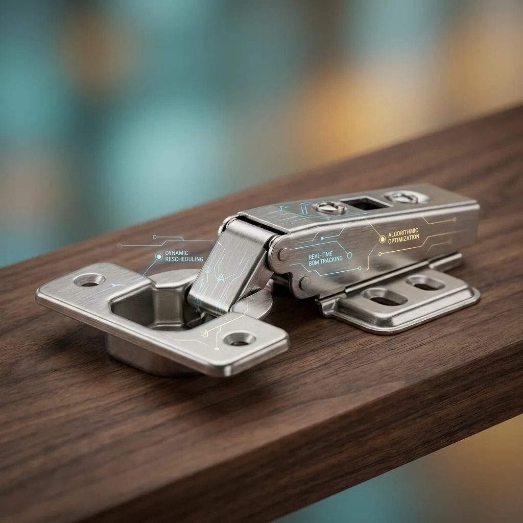 Macro close-up of a metal furniture hinge on dark wood, illuminated by subtle digital lines symbolizing artificial intelligence algorithms.