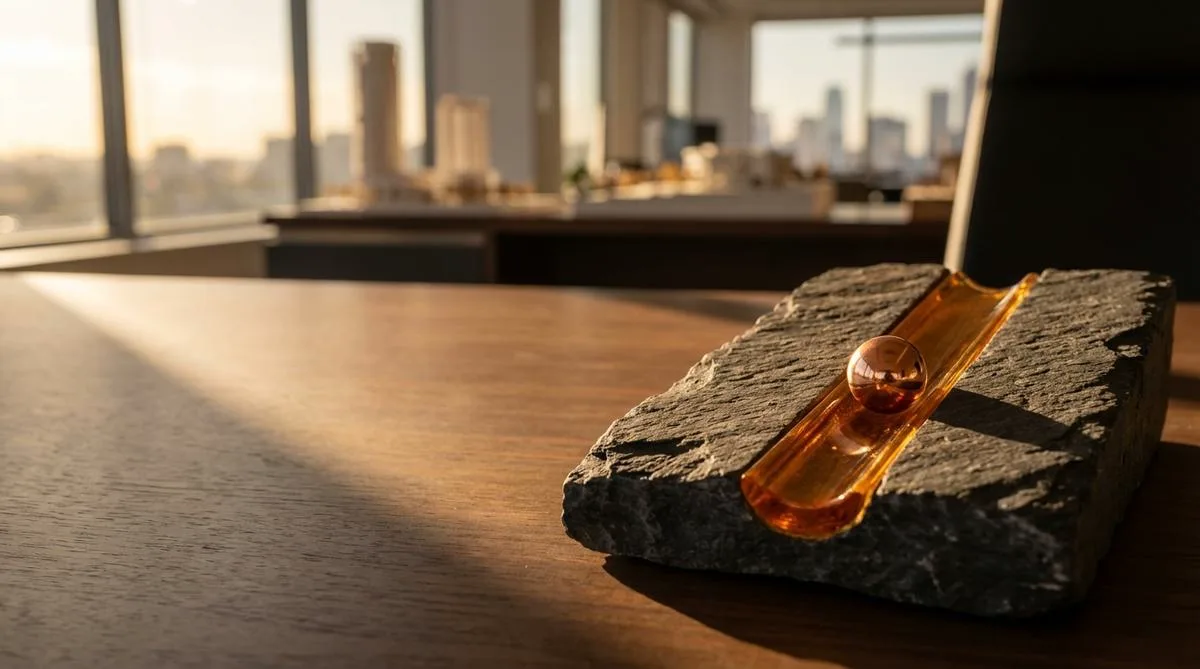 Macro photograph of a rough, dark stone through which runs a perfectly smooth path of amber glass. A copper ball rolls along the path, illuminated by warm morning sunlight.