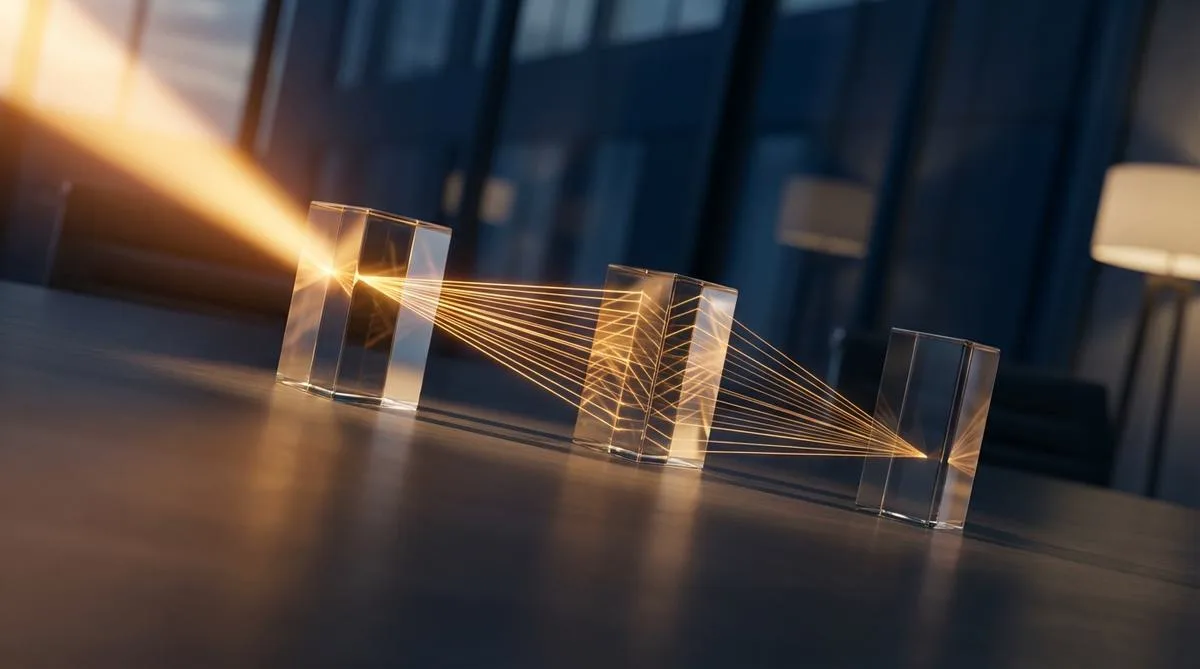 Three glass prisms on an elegant office desk, through which an organized beam of amber light passes, symbolizing AI predictive systems.