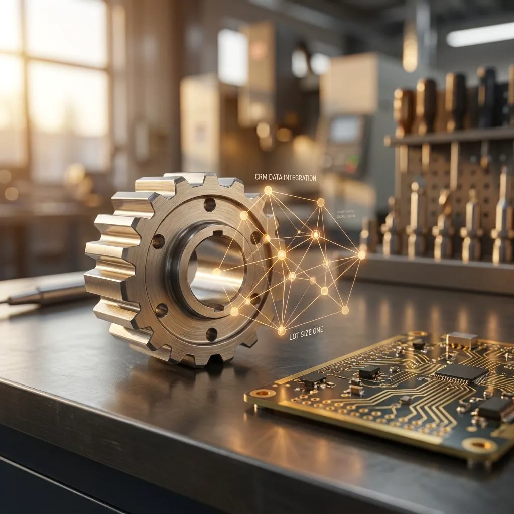 Macro shot of a rare metal alloy and a dedicated electronic circuit illuminated by warm light, with a subtle supply chain prediction grid overlaid.