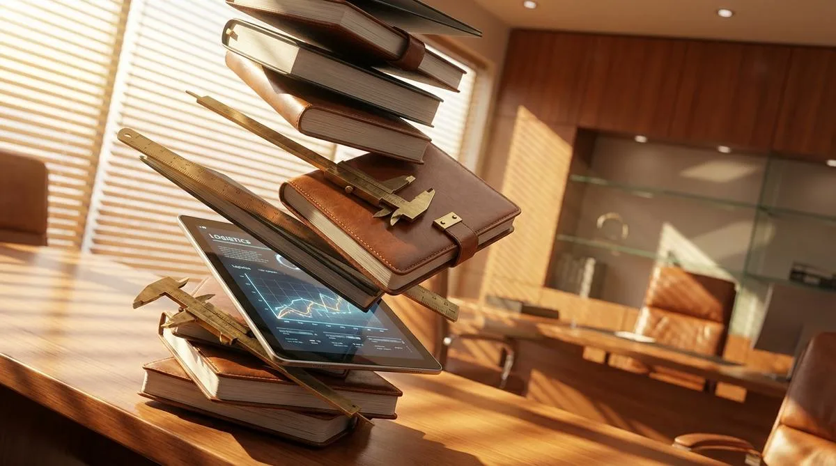 Close-up of a wobbling tower built from notebooks and a tablet on a CEO's desk, lit by warm sunlight, symbolizing business risk.