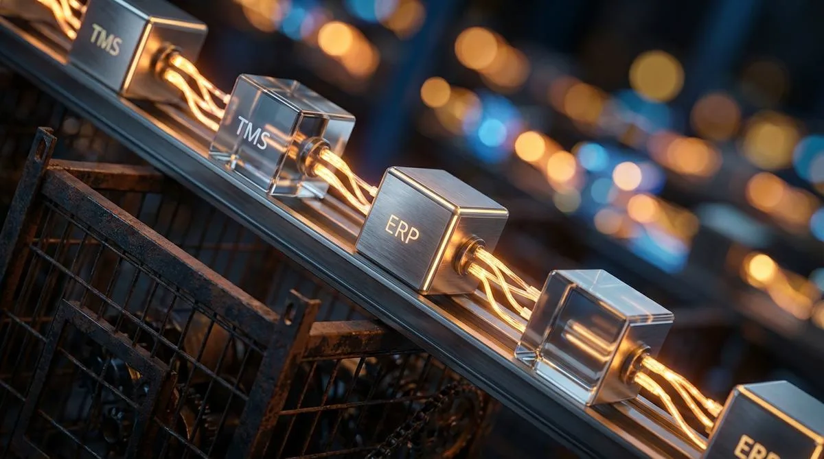 Macro photograph showing modern, luminous modules breaking free from a heavy metal frame on a diagonal axis, against a background of blurred bokeh lights.