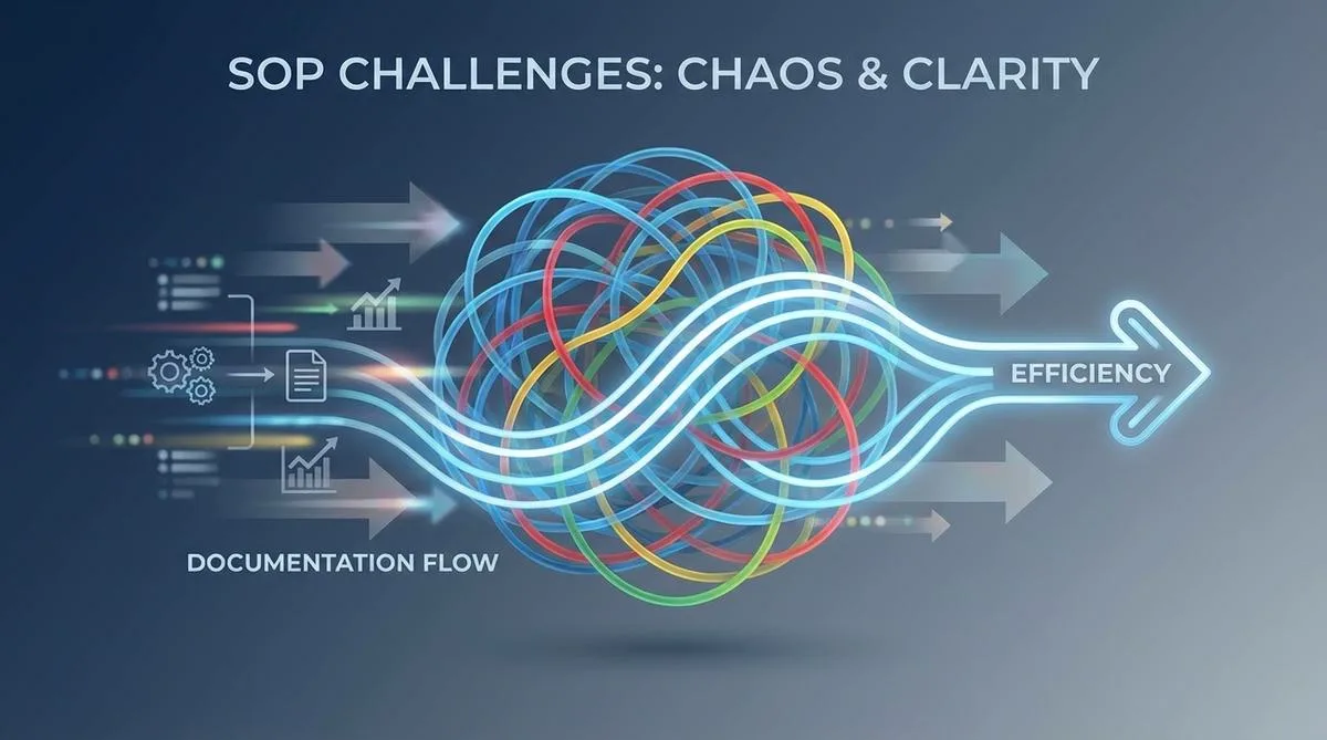 An abstract representation of the challenges associated with creating work instructions in a corporate environment, depicting intertwined colorful threads symbolizing chaotic processes.