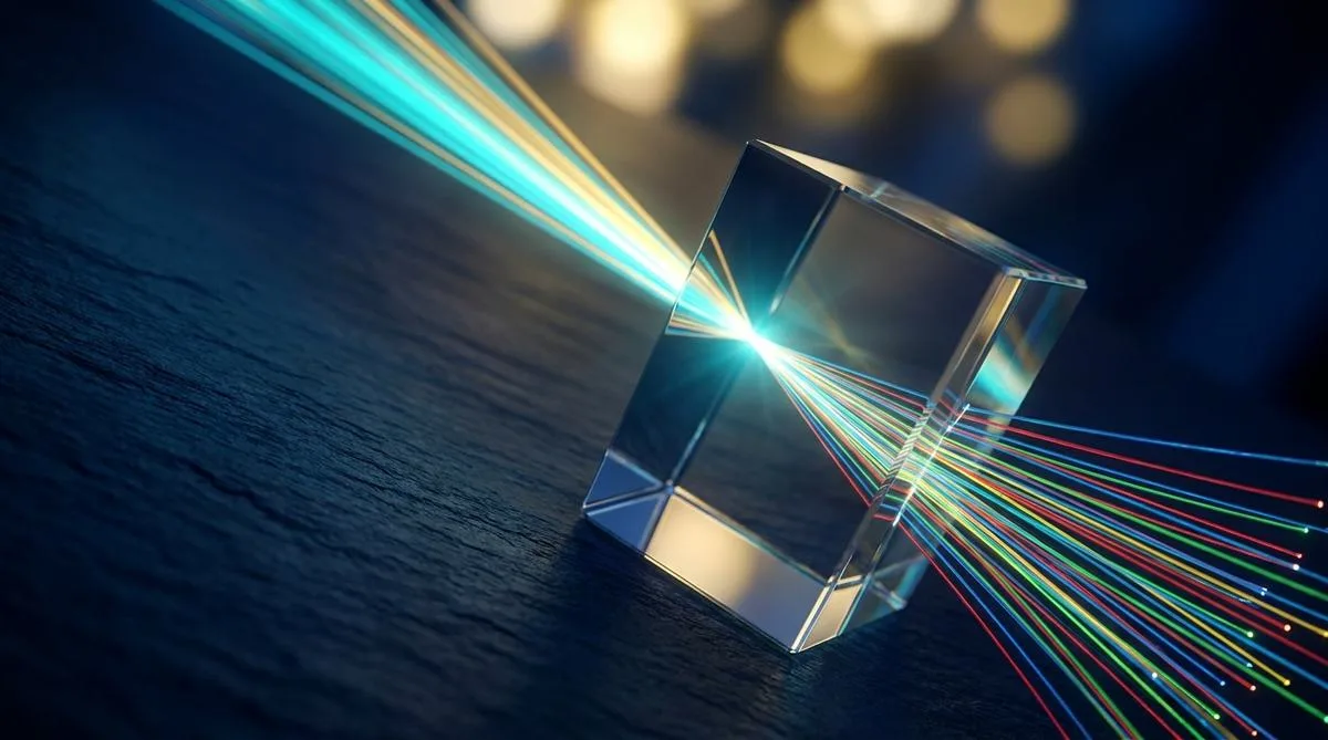 A photograph of a glass prism focusing multiple scattered beams of light into a single powerful ray, symbolizing a unified ERP system.