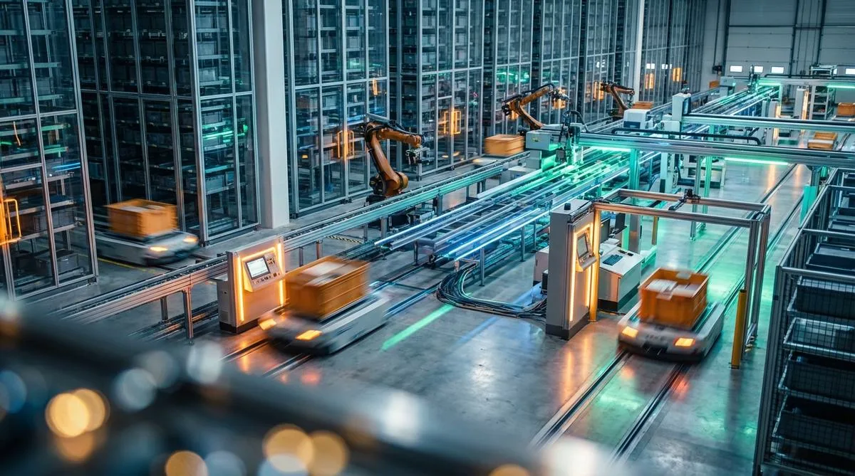 An abstract representation of a modern warehouse automated with technology, illustrating efficiency and innovation in management. Innovative warehouse systems are visible in a dynamic composition.
