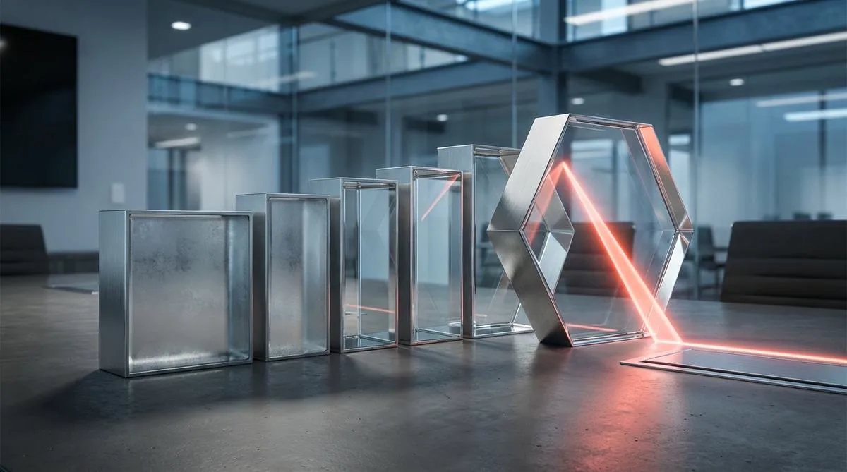 A photographic composition of seven glass-and-steel prisms on a dark desk, symbolizing the stages of digital transformation against the backdrop of a blurred, modern office.