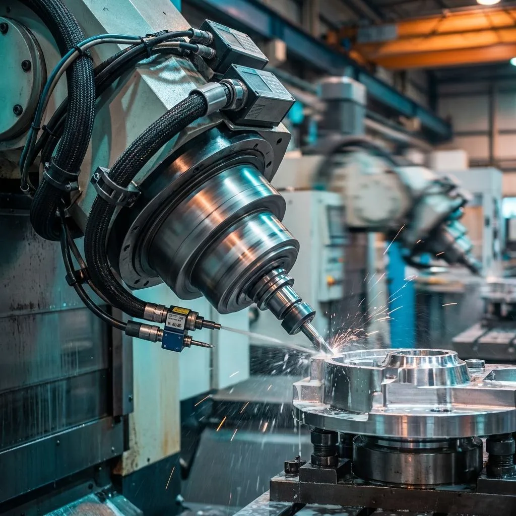 A modern CNC machining cell in operation, symbolizing precise media metering and machine-hour cost calculation in an ERP system.