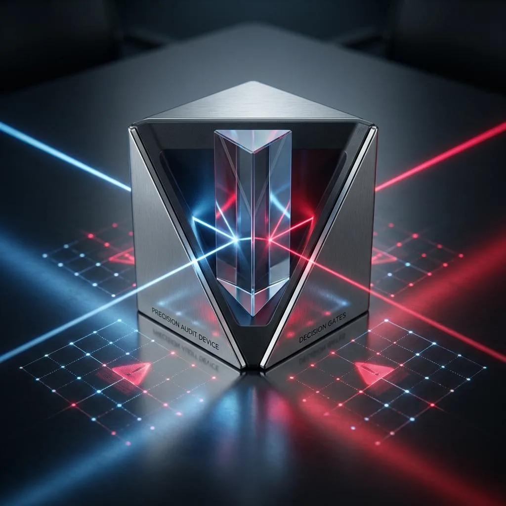 Symmetrical photographic composition featuring a precise titanium auditing device and beams of light symbolizing AI-driven verification of the B2B sales process.