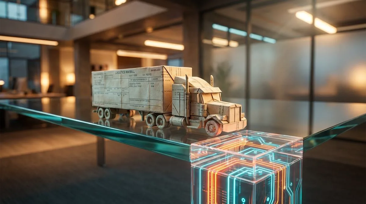 An origami paper truck made from a consignment note transforming into a glowing block of digital data on a modern glass desk