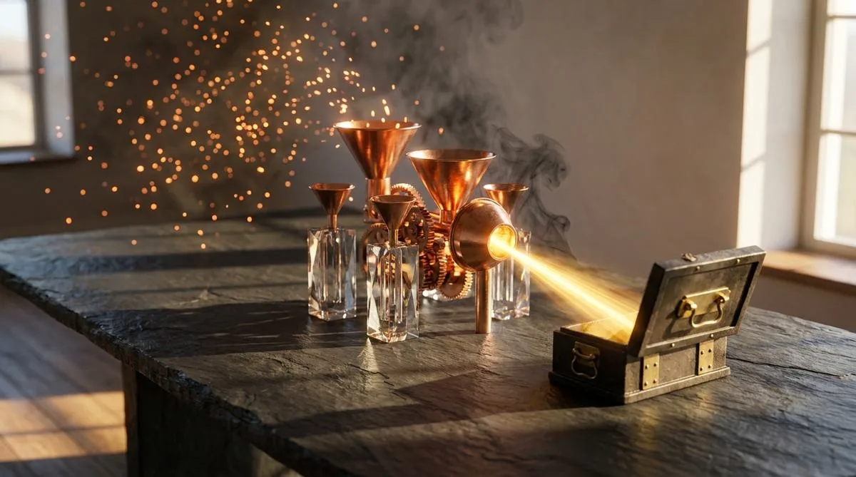 An abstract photographic composition featuring copper funnels and crystal prisms filtering scattered light particles into a single, secure iron chest, symbolizing domain protection and an integrated inbox.