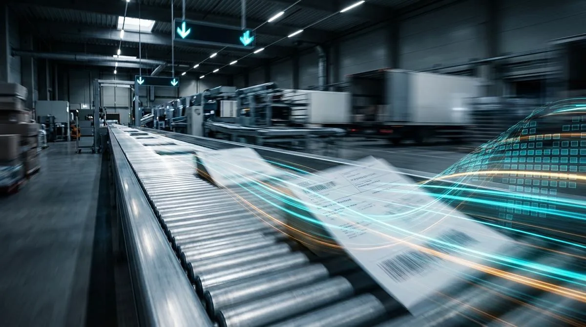 A fast-moving logistics conveyor belt on which paper documents smoothly transform into digital streams of light, symbolizing operational continuity during digitization.