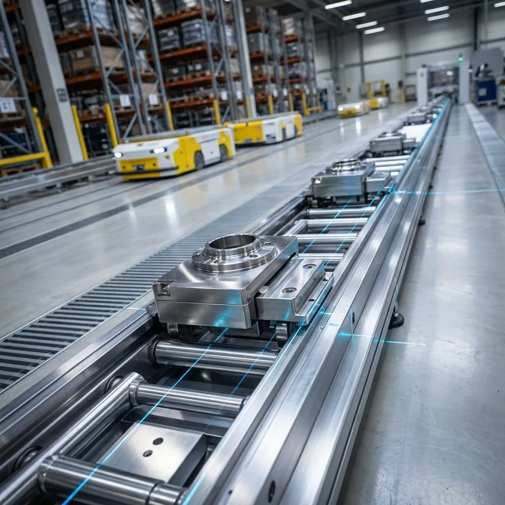 Dynamic shot of metal components on a precision production conveyor at a diagonal angle, illustrating smooth intralogistics and the absence of OEE micro-stoppages.