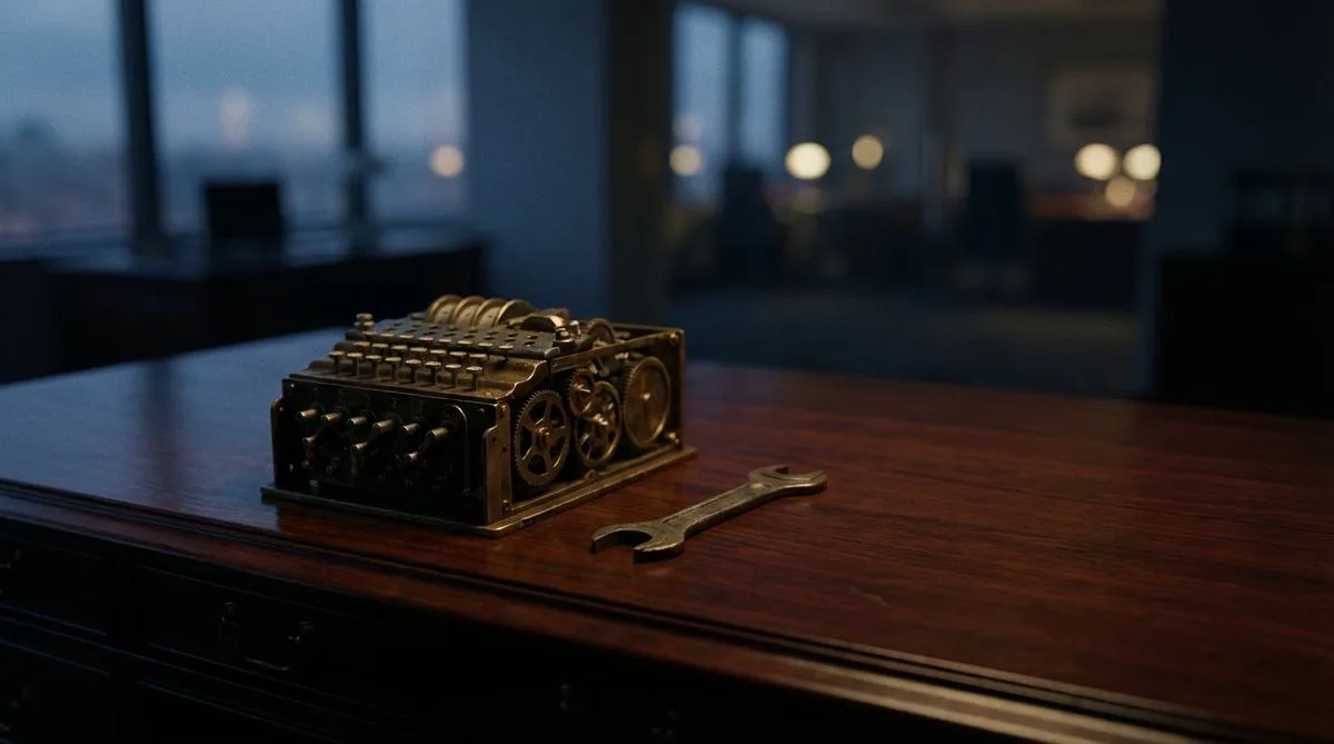 A complex brass cipher mechanism abandoned on an elegant desk in an empty office, symbolizing tribal knowledge and a lack of documentation.