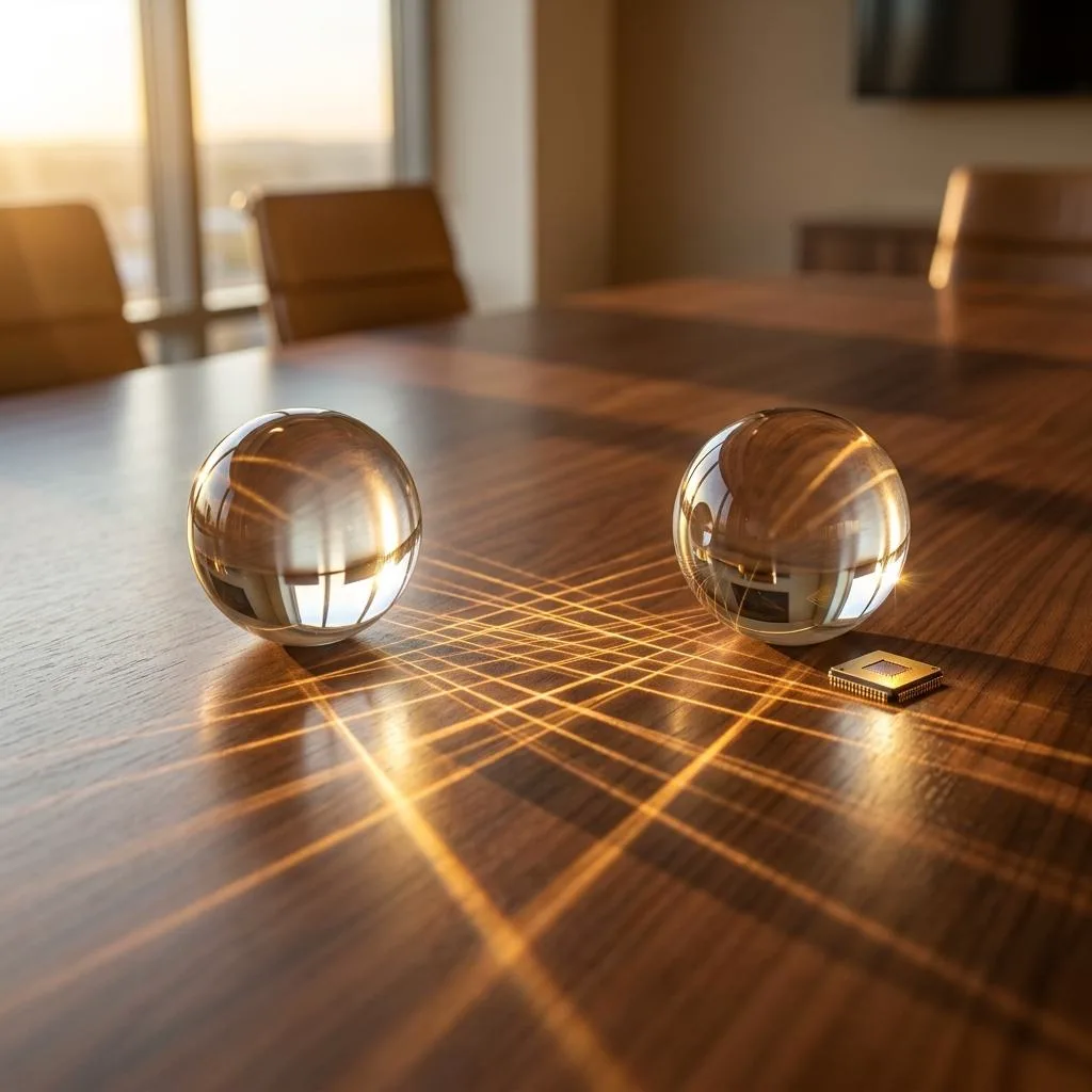 Two glass spheres on a wooden table refracting warm light into intricate patterns, symbolizing invisible negotiations between AI systems without the use of screens.