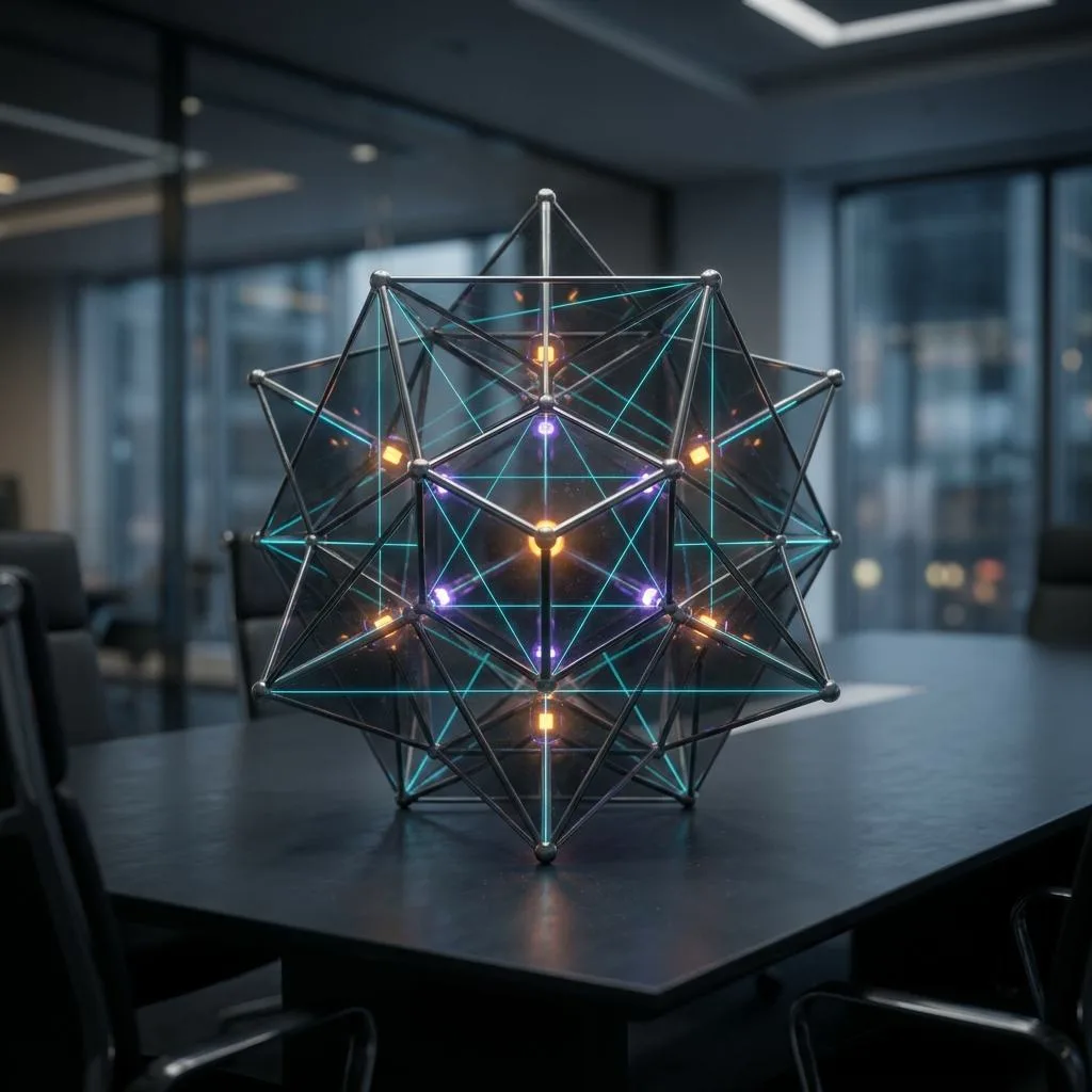 A three-dimensional, illuminated geometric matrix of dark glass, symbolizing the discovery of hidden connections and decision-makers in the B2B sales process.