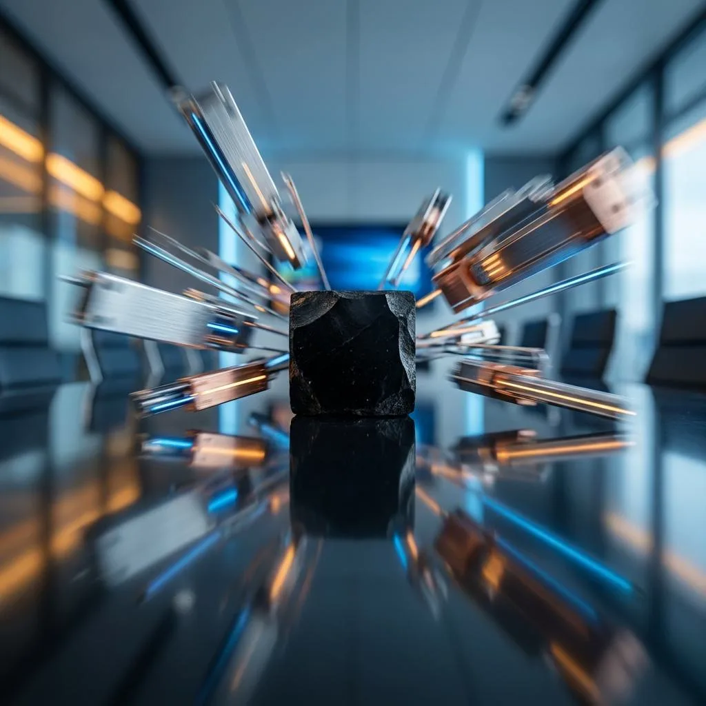 A symmetrical corporate photograph depicting a heavy, dark cube on a glass table, from which luminous modules are detaching at high speed, symbolizing flexible composable architecture in opposition to monolithic CRM.