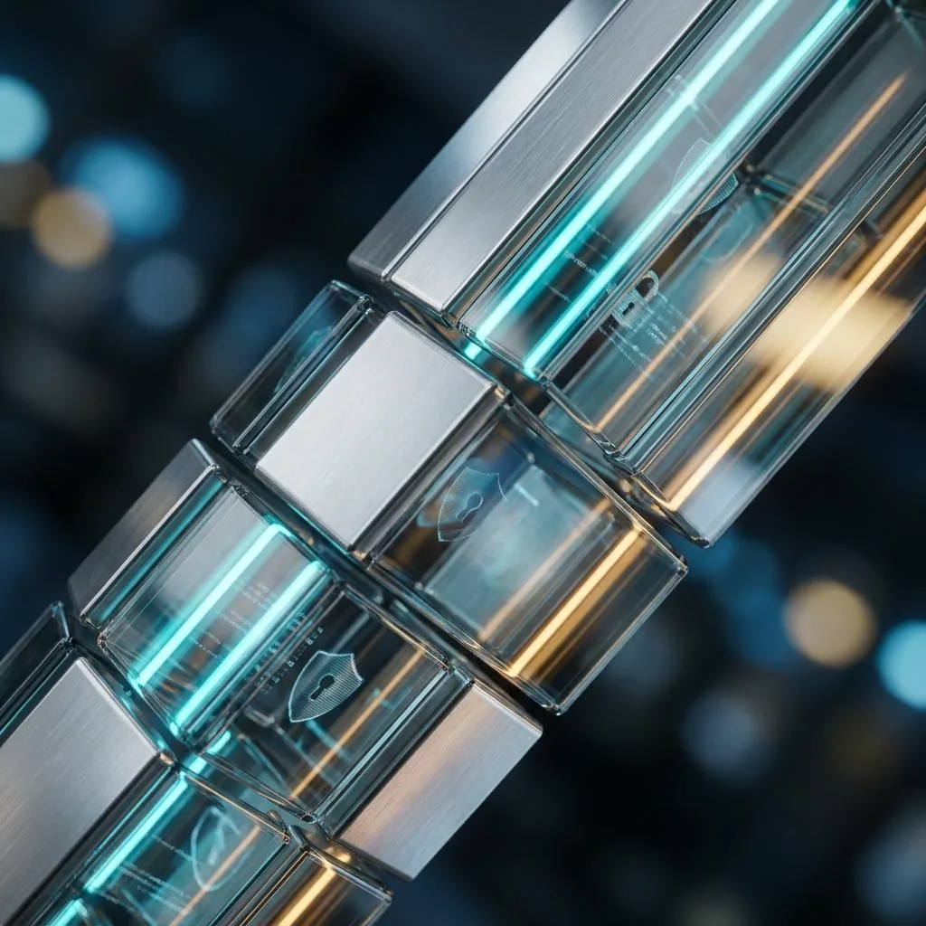 Abstract glass-and-metal modules in dynamic motion along a diagonal axis, symbolizing the automatic restructuring and hyper-personalization of offers within a CRM system.
