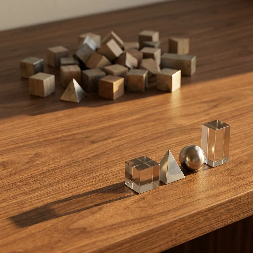 A metaphorical representation of CRM system UX optimization: four elegant, neatly arranged objects in the foreground of a desk, contrasting with chaotically scattered elements in the background.