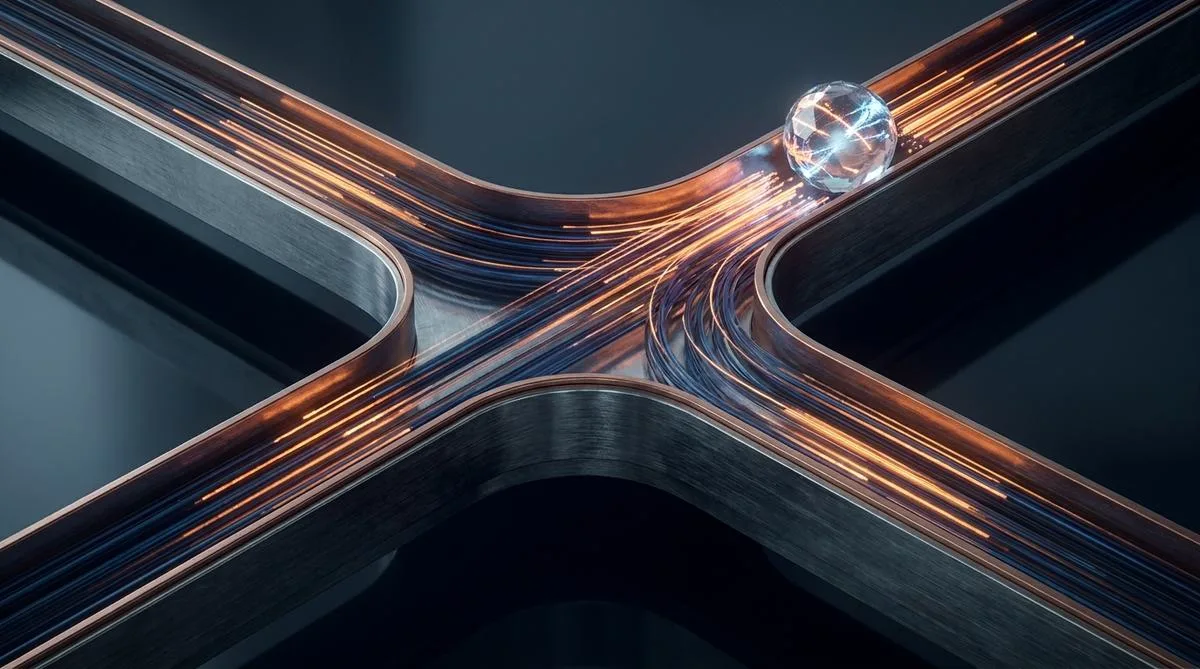 Abstract, photorealistic visualization of three ERP systems: intersecting metallic tracks with blue and amber glowing data streams converging at a central AI node.