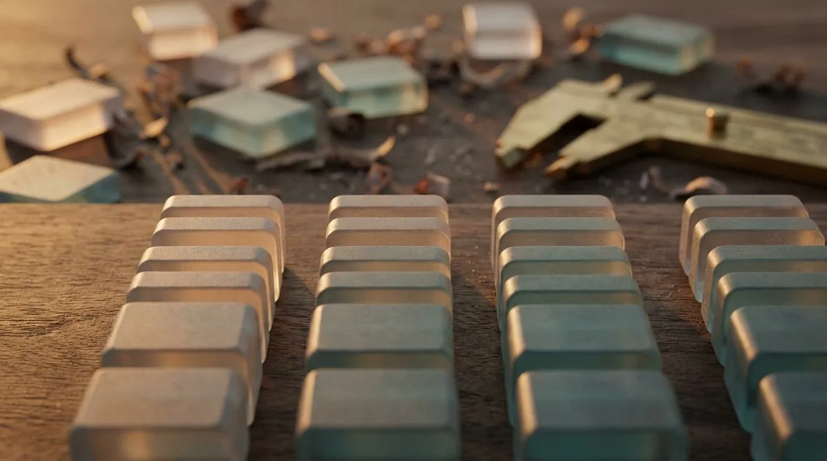 Macro photograph of matte tiles arranged in even columns on dark wood, illuminated by warm sunlight, symbolizing order in management.