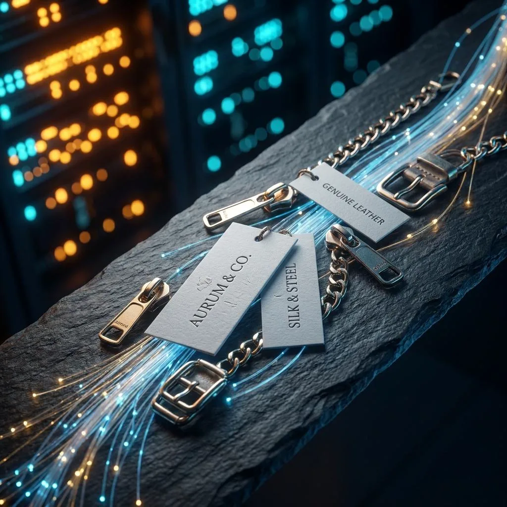 A photographic composition showing elegant clothing tags connected by luminous streams of data against a dark background, symbolizing e-commerce automation and API integration in an ERP system.