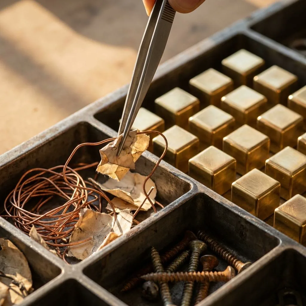 A macro photograph of precision tweezers removing rusty, tangled components from a sorting tray, leaving perfectly arranged, polished brass cubes in warm sunlight.