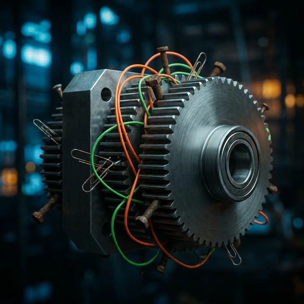 A heavy metal mechanism locked up by makeshift, tangled cables and mismatched screws, symbolizing the phenomenon of Shadow IT and technology debt in ERP systems.