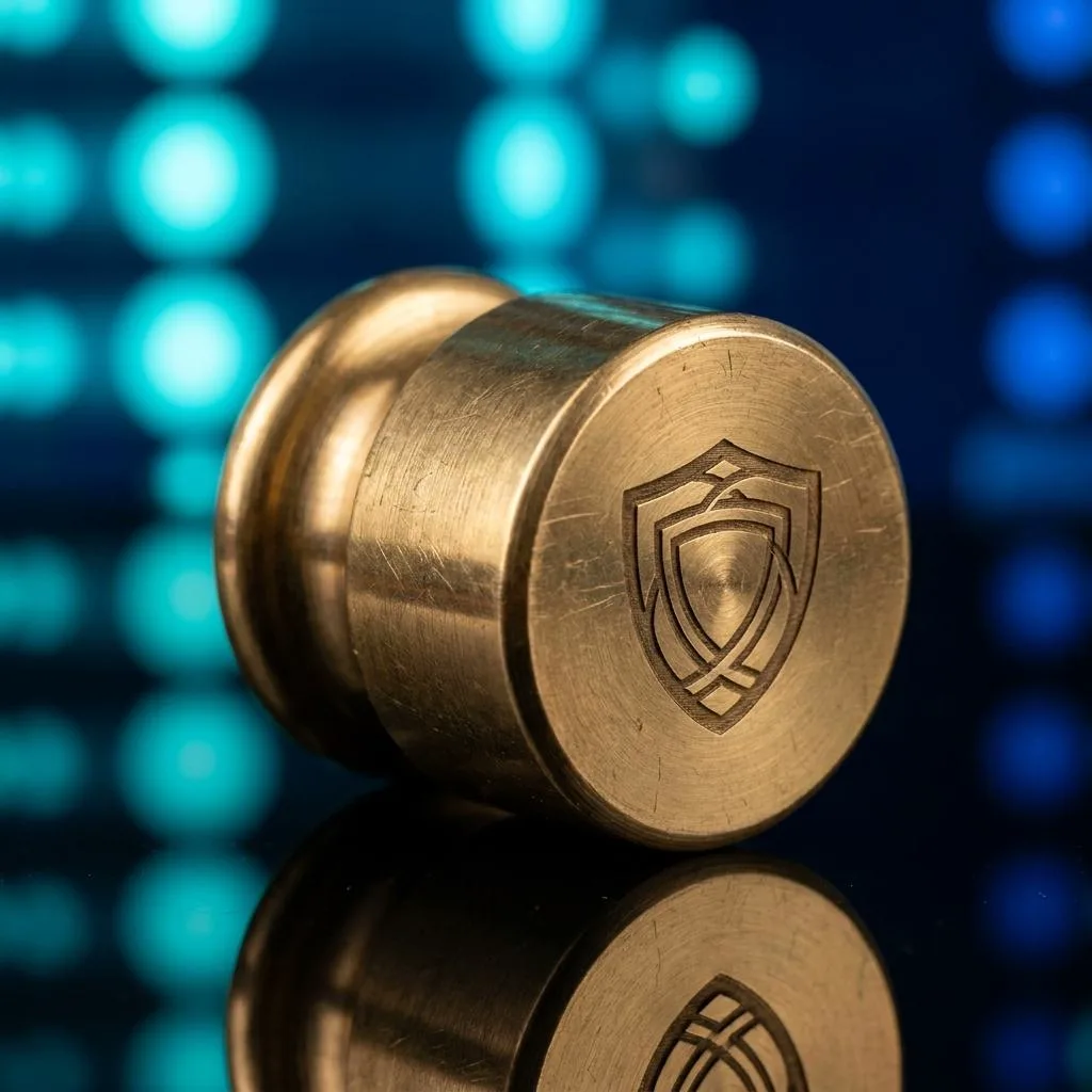 A golden weight engraved with a protective shield on black glass, against a backdrop of blurred server lights, symbolising the weight of hidden security and compliance costs in IT systems.