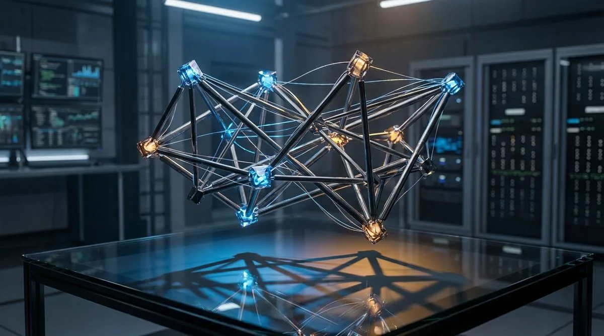 An abstract, modern photographic composition depicting a complex structure of geometric, luminous elements connected by metallic lines, symbolizing the Target Operating Model framework in digital transformation.
