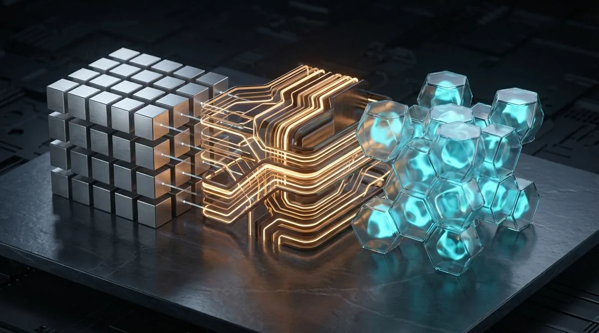 An abstract, photorealistic architectural composition featuring three distinct geometric structures, symbolizing Task Management, BPMS, and Case Management systems.